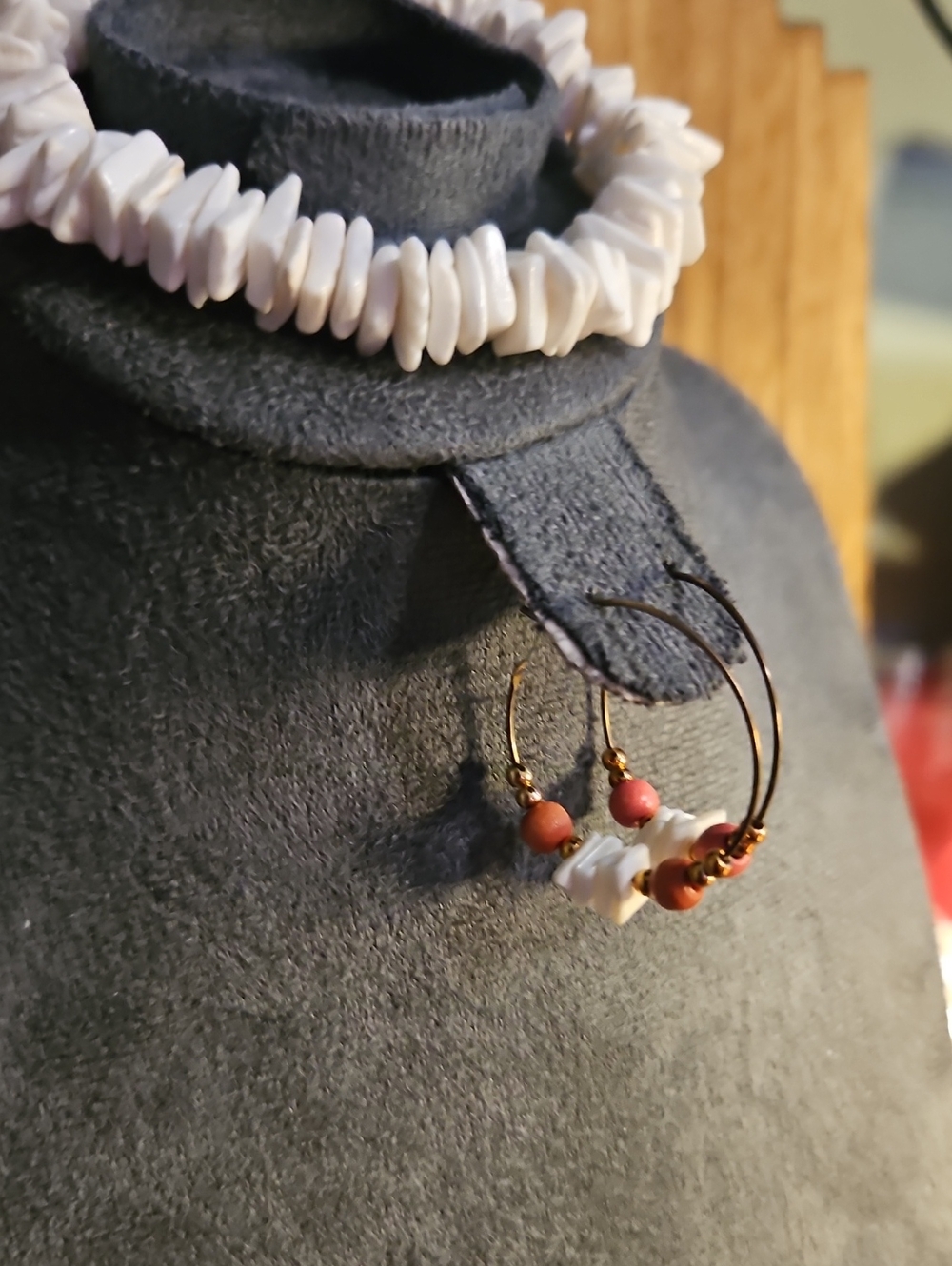 White Shell and Coral Bead Hoop Earrings - Women Jewelry